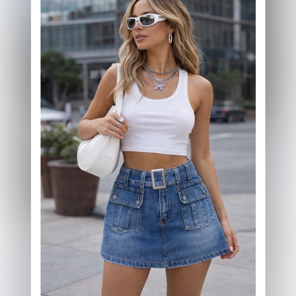 Bailey's Point Denim Belted Mini Skirt Skort Vintage Y2K Women's Size 12 Pockets